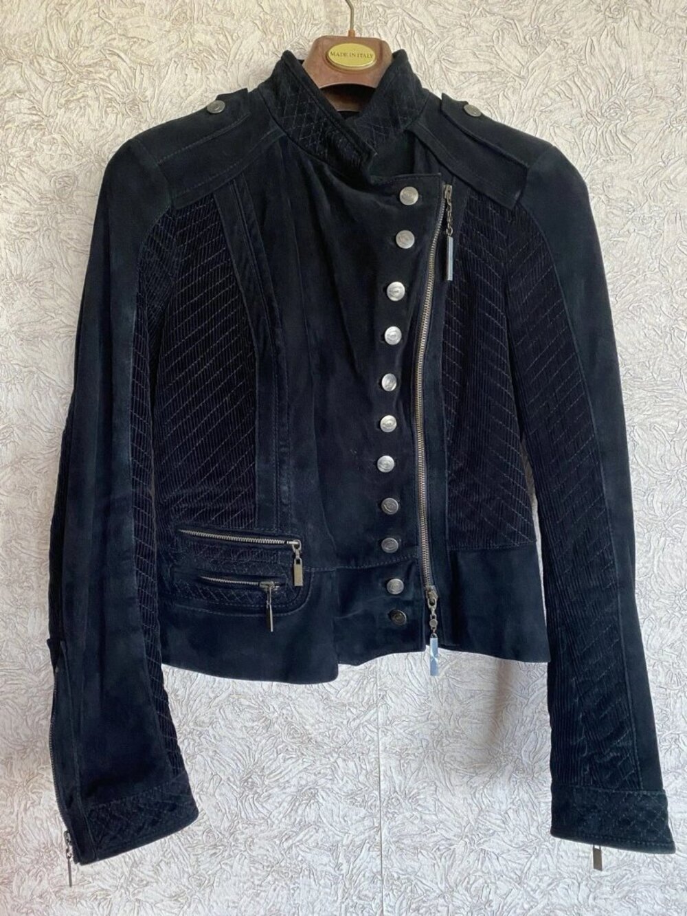 Y2K Vintage Just Cavalli Black Suede Military-Style Moto Jacket, Black, Size 44